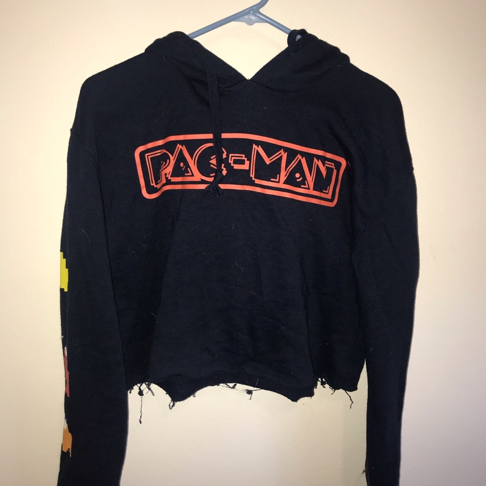 Navy blue cropped pac-man hoodie.